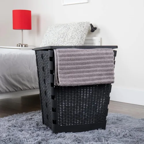 Miniatura 2 de Mind Reader Cesta plegable para ropa sucia de 61 litros, cesta de ropa, tapa, diseño de mimbre, plástico, 18 pulgadas de largo x 14.5 pulgadas