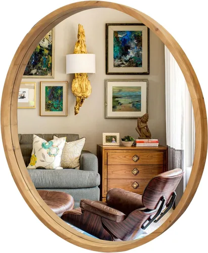 Miniatura 10 de Espejo redondo de madera de 35 pulgadas, espejo de pared circular rústico con biselado, espejos redondos de madera para decoración de pared, espejos
