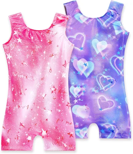 Nokecina Paquete de 2 leotardos de gimnasia para niñas, unitardos brillantes con pantalones cortos, sin mangas, mallas ciclistas de una pieza