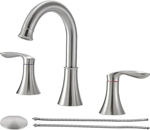 Friho Grifo de baño de níquel cepillado de 3 agujeros, juego de grifo de fregadero de tocador de 8 pulgadas con 2 manijas con boquilla giratoria,