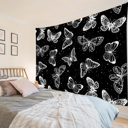 Miniatura 2 de HVEST Tapiz espacial de mariposa en galaxia para dormitorio, cielo estrellado blanco y negro para colgar en la pared para sala de estar, decoración