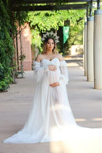 Miniatura 3 de yinyyinhs Vestido de maternidad de tul con perlas para sesión de fotos, manga larga hinchada, hombros descubiertos, vestido de maternidad para baby