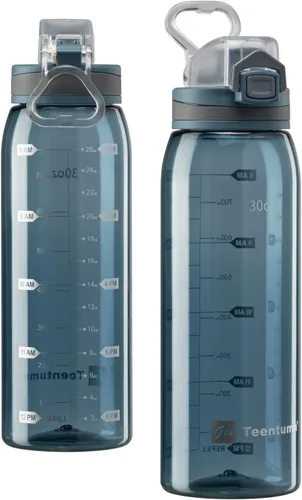Miniatura 15 de Botella de agua deportiva de 30 onzas con marcadores de tiempo, botella grande y duradera de plástico para gimnasio, Tritan sin BPA, transparente