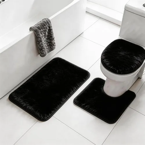 RUN HELIX Juego de alfombras de baño negras de 3 piezas, alfombras de baño peludas, antideslizantes, absorbentes de agua, alfombras de baño suaves y