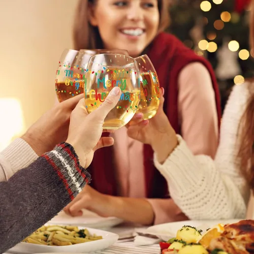Miniatura 6 de 2 copas de vino sin tallo, taza divertida de 17 onzas con texto en inglés «Merry Christmas & New Year» – Regalos para mujeres, hombres, mamá, papá