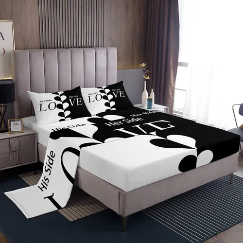 Miniatura 19 de Dog Side My Side - Juego de sábanas de tamaño Queen, color negro y blanco, sábana bajera ajustable para mujeres y hombres, sábanas románticas