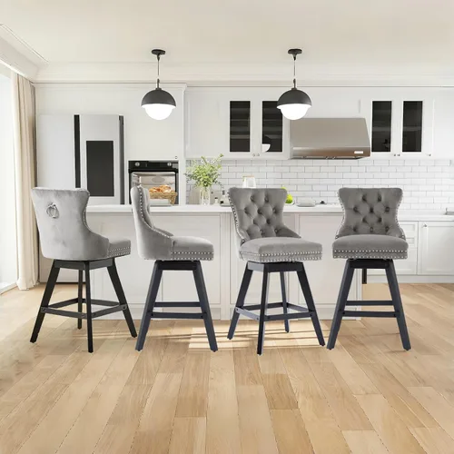Miniatura 15 de SoarFlash Juego de 2 taburetes de bar tapizados de terciopelo moderno con patas de madera, botones acolchados, cabeza de clavo cromada, asiento
