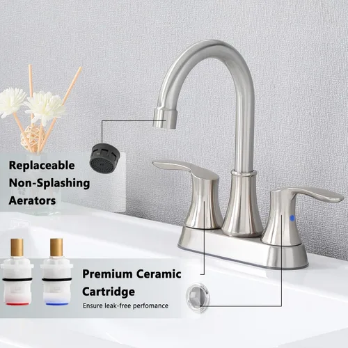 Miniatura 6 de Friho Juego de 2 grifos de baño de níquel cepillado, juego central sin plomo, moderno, comercial, de 2 manijas, para lavabo de baño, juego de 2, 3