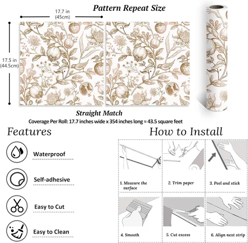 Miniatura 8 de VEELIKE Gold Birds - Papel tapiz de vinilo floral, autoadhesivo, extraíble, apto para inquilinos, 17.7 x 354 pulgadas
