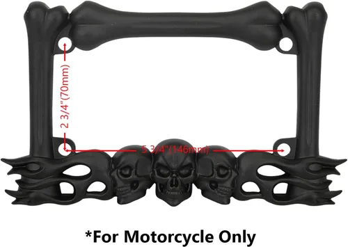 Miniatura 2 de LPF260-BK - Marco de matrícula de motocicleta con acabado negro mate con diseño de llamas y huesos de calavera 3D