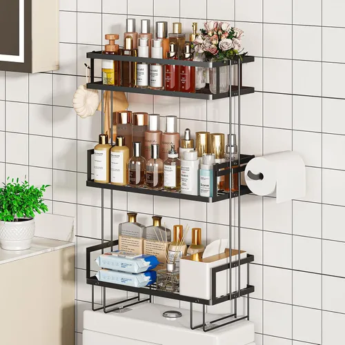 Miniatura 7 de Godboat Organizador de baño, almacenamiento sobre el inodoro, estantes flotantes con 2 ganchos, estante montado en la pared, detrás y encima