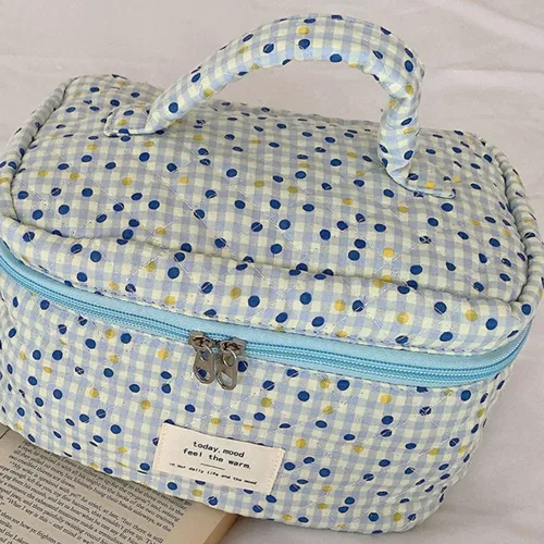 Miniatura 7 de Bolsa de cosméticos de viaje, bolsa de maquillaje de algodón, bolsa de aseo acolchada con hermoso patrón floral, bolsa de cosméticos de gran