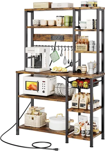 GRUSIGN Estante para hornear de cocina con almacenamiento, estación de barra de café de 6 niveles con toma de corriente, soporte para microondas con