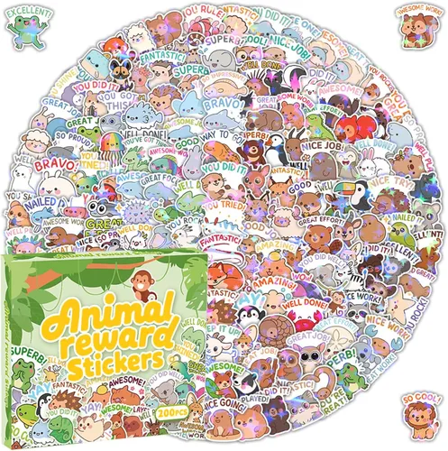 200 calcomanías holográficas de recompensa de animales para niños, lindas calcomanías de afirmación inspiradoras con citas motivacionales para