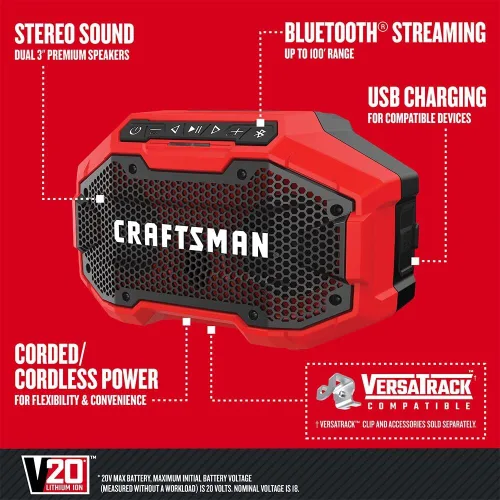 Miniatura 15 de CRAFTSMAN V20 Altavoz Bluetooth Portátil Inalámbrico, Solo Herramienta (CMCR001B), Rojo