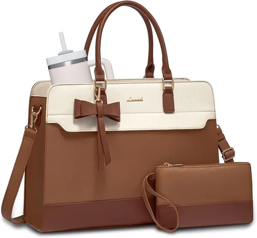 Miniatura 10 de LOVEVOOK Bolso para laptop de mano para mujer, bolso de trabajo de cuero, bolso de negocios impermeable para profesora, bolso de mano grande