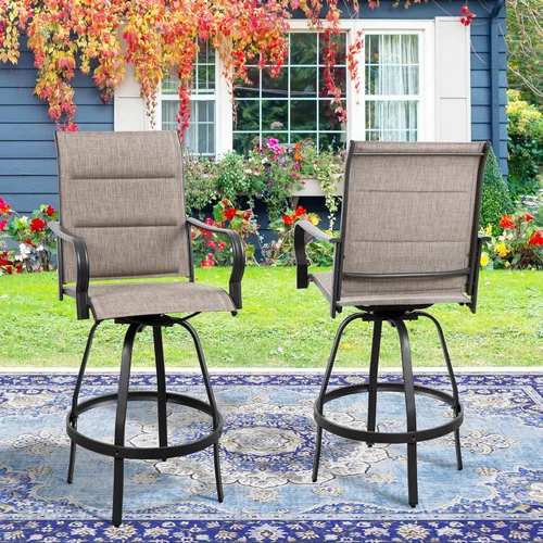 Miniatura 8 de Vongrasig 4 Sillas Giratorias de Bar para Patio Exterior, Taburetes de Bar Altos con Textil Acolchado Tipo Cabestrillo para Todo Clima, Juego
