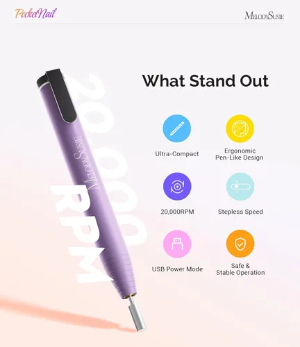 Miniatura 3 de MelodySusie PocketNail - Taladro de uñas USB delgado ergonómico en forma de bolígrafo, PC100G 20000 RPM, lima eléctrica portátil para todas