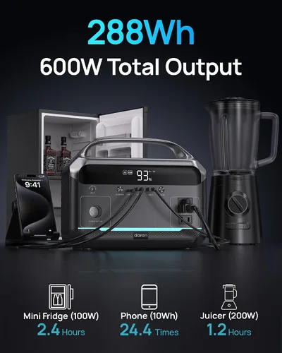 Miniatura 2 de DARAN Estación de energía portátil de 600 W (pico de 1200 W), generador solar LiFePO4 de 288 Wh con salidas de CA y CC, carga rápida de 2 horas