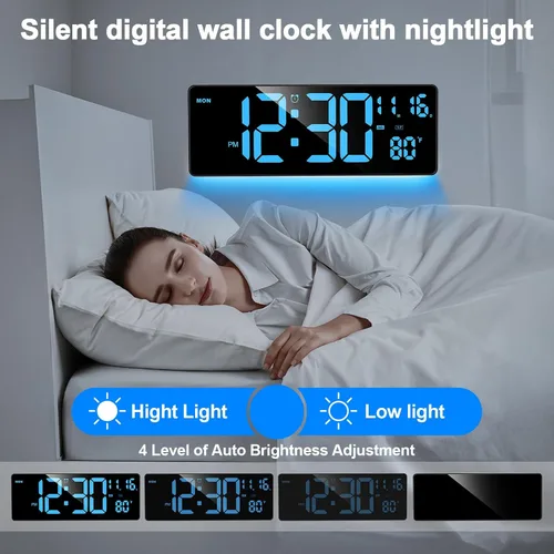 Miniatura 5 de XREXS Reloj de pared digital con pantalla grande, reloj de pared LED de 16.5 pulgadas con 6 luces nocturnas que cambian de color, DST automático