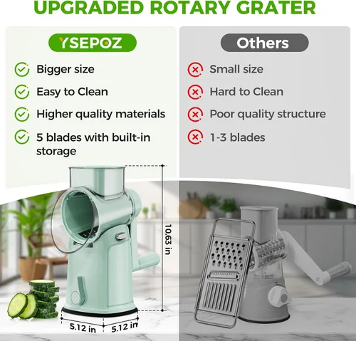 Miniatura 2 de Rallador de queso giratorio 7 en 1 mejorado con asa, triturador de verduras con ranura de almacenamiento incorporada, 5 cuchillas versátiles, base