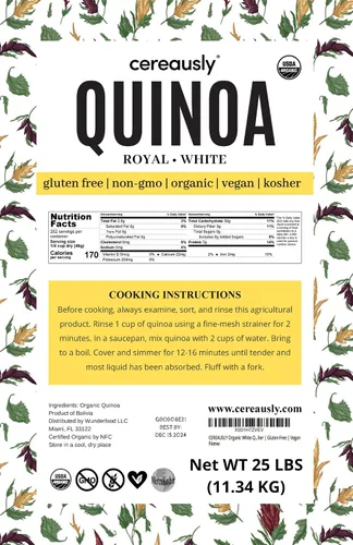 Miniatura 3 de CEREAUSLY Quinoa blanca orgánica – Quinoa real premium de Bolivia – Quinoa Kosher y sin OMG – Quinoa vegana y con cuota de gluten – 25 libras