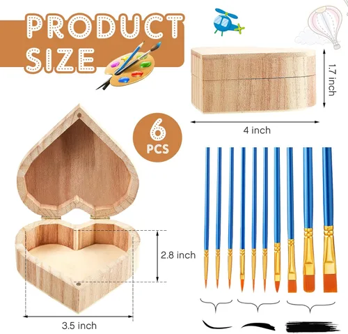 Miniatura 2 de Taiyin Caja de madera de corazón sin terminar de 12 piezas con 10 pinceles de arte, cofre del tesoro de madera sin pintar, caja de pino natural