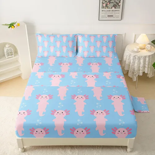 Miniatura 23 de QOOMO Ropa de cama Kawaii Axolotl para niños y niñas, diseño de flor de cerezo rosa, juego de ropa de cama súper suave para niños, con estrellas
