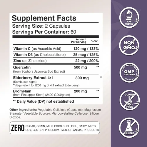 Miniatura 4 de Gade Nutrition Quercetina con bromelina, saúco, vitamina C y zinc, suplemento de apoyo inmunológico Sambucus de 500 mg cápsulas Sin gluten