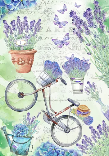 Papel de arroz para bicicleta lavanda A4 para decoupage | Papel para álbum de recortes | Papel de decoupage floral | Suministros de decoupage