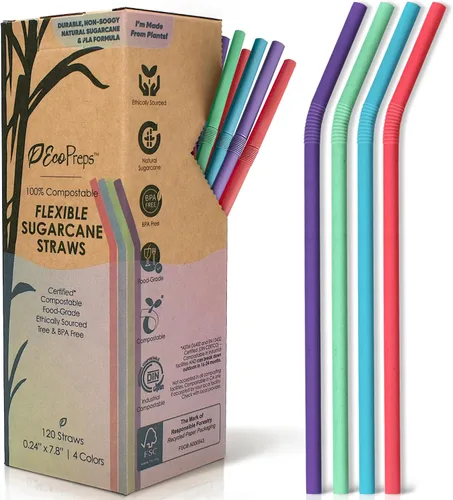Miniatura 10 de EcoPreps Pajitas biodegradables de caña de azúcar, 150 unidades, 100% compostables, sin plástico y ecológicas, popotes desechables de fibra