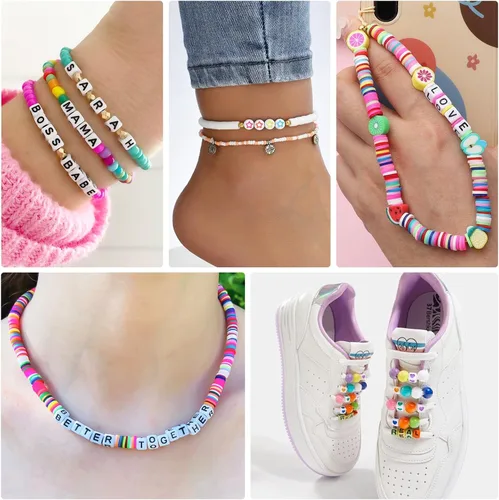 Miniatura 5 de QUEFE 2000 cuentas de letras en forma de cubo para pulseras, cuentas de números del alfabeto de 9 colores con 1 rollo de cuerda elástica