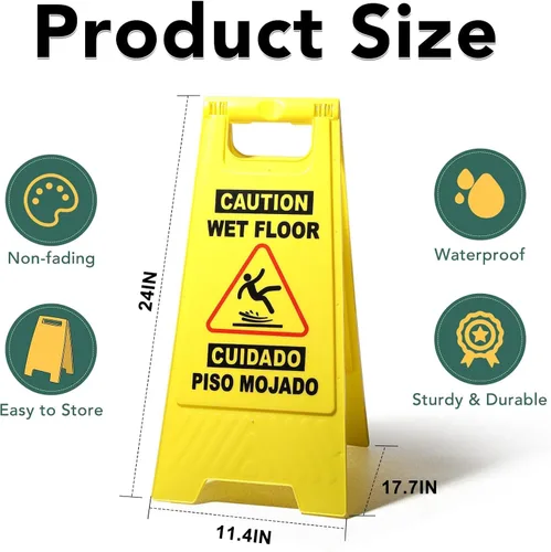 Miniatura 2 de XPCARE Letrero de suelo mojado de precaución de 24 pulgadas, paquete de 4 letreros de advertencia de seguridad bilingües amarillos de doble cara