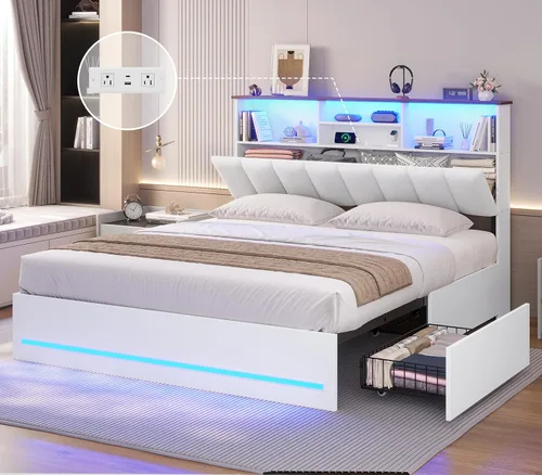 Miniatura 10 de AOGLLATI Estructura de cama Queen con elegante cabecero tipo estantería y estación de carga y luces LED, estructura de cama tamaño Queen con 4 Negro
