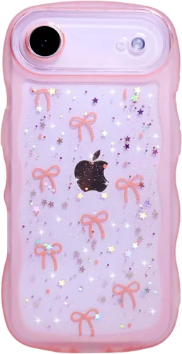 Miniatura 145 de Qokey Funda para iPhone 12 Pro Max de 6.7 pulgadas, diseño de onda rizada, borde transparente, brillante con purpurina, estrella brillante, bonita
