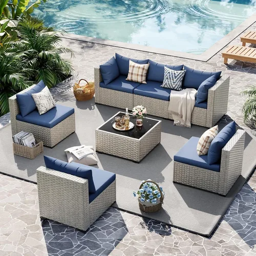 Miniatura 5 de UDPATIO Juego de muebles de patio al aire libre, sofá modular de 7 piezas con mesa de té, juego de conversación al aire libre de mimbre PE para Azul