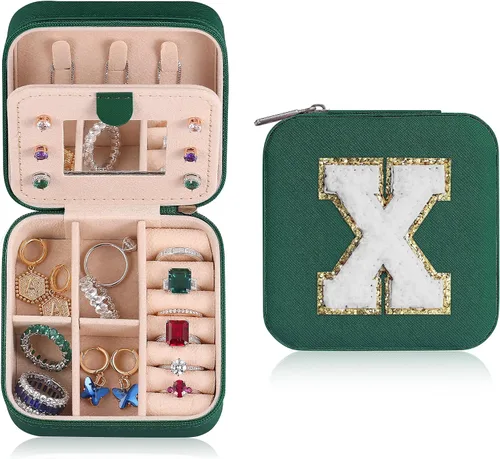 Parima Joyero de viaje para niñas y mujeres, joyero con inicial, pequeño joyero verde para niñas, joyero de viaje, regalos de viaje para niñas y