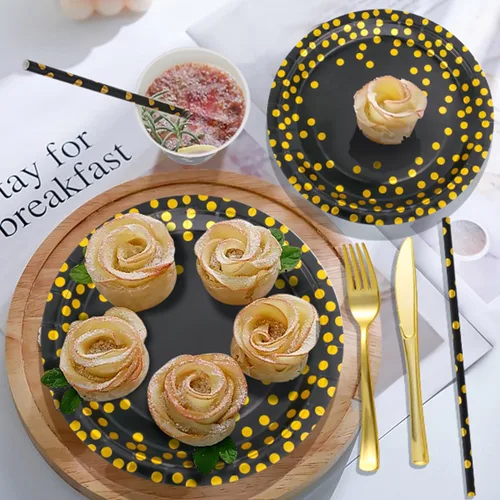 Miniatura 4 de Sylken Juego de vajilla de fiesta de 186 piezas en negro y dorado - 25 invitados, platos de papel, servilletas, vasos de papel y vajilla