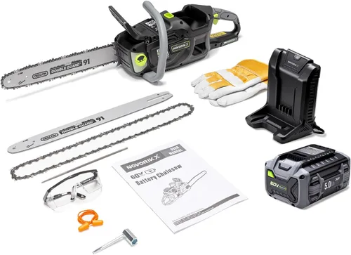 Miniatura 9 de NovorikX Motosierra inalámbrica de 20 V, motosierra eléctrica de 10 pulgadas con batería de 4.0 Ah y cargador, engrasador automático, tensión