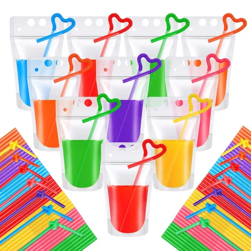 Tessco for you 10 bolsas de plástico de verano para bebidas con pajitas, bolsas de mano translúcidas resellables de 17 onzas, bolsas portátiles con