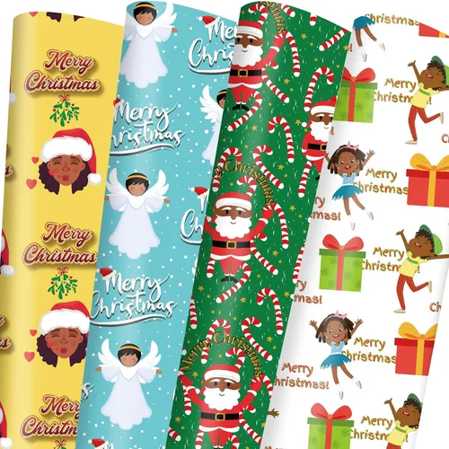 Dtiafu Papel de Regalo Navideño Afroamericano Papel de Regalo Negro de Papá Noel a Granel Diseños Lindos de Navidad para Personas Negras