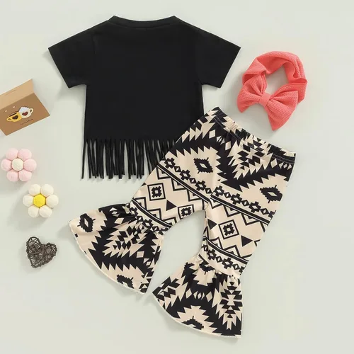 Miniatura 56 de fhutpw Conjunto de camiseta de manga corta con estampado de vaca y pantalones acampanados de dibujos animados para niñas