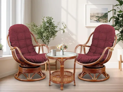 Miniatura 18 de Juego de 2 mecedoras giratorias Bali Lounge con cojín floral y mesa de centro redonda Pelangi, mimbre de ratán natural, hecho a mano, color colonial