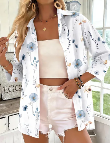 Miniatura 3 de Zeagoo Camisas con botones para mujer, manga 3/4, cuello en V, blusas con cuello en V, trajes casuales de negocios