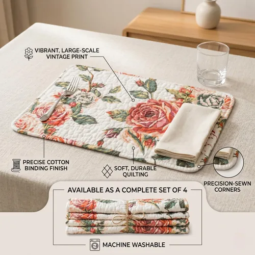 Miniatura 3 de DaDa Bedding - Juego de 4 manteles individuales para mesa de comedor, diseño de rosas románticas, de algodón, acolchado, para jardín, casa de campo
