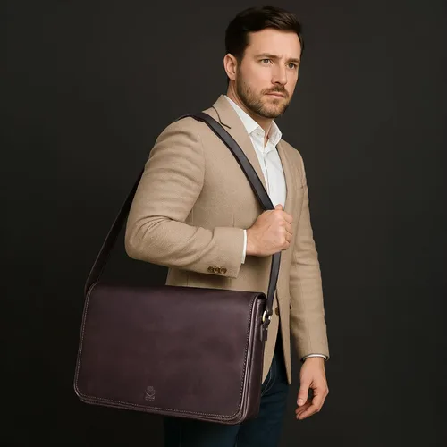 Miniatura 2 de Bolso de mensajero de cuero para hombre, 16 pulgadas, de grano completo, para laptop, vintage, cruzado, oficina, bolso de viaje Marrón oscuro