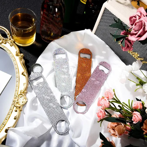 Miniatura 3 de Didaey Abrebotellas plano con purpurina, 4 unidades, acero inoxidable, barra de cerveza, barman clave, amigos, abridor de cerveza con diamantes