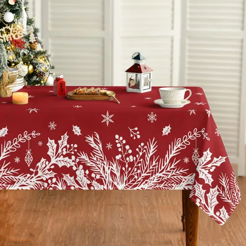 Horaldaily Mantel de Navidad rectangular de 60 x 84 pulgadas, diseño de hojas florales, lavable, para decoración de fiestas, pícnic, cenas Rojo