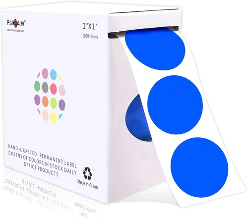 PARLAIM Pegatinas adhesivas permanentes redondas de 1 pulgada con código de color en forma de puntos, 1000 por rollo, caja dispensadora de Azul