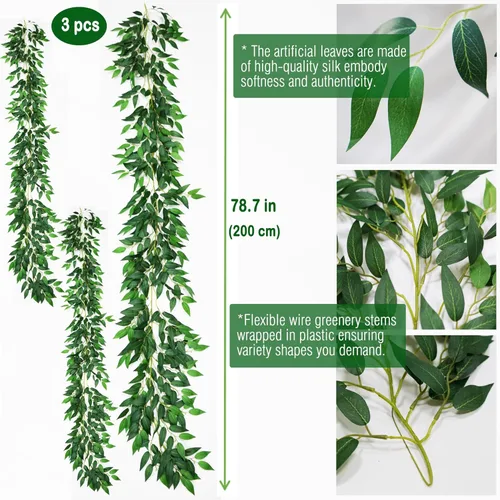 Miniatura 2 de 3 hebras de vides de Ruscus italiano artificial de 78" de seda, guirnalda de vegetación italiana de Ruscus verde con hojas verdes, vides